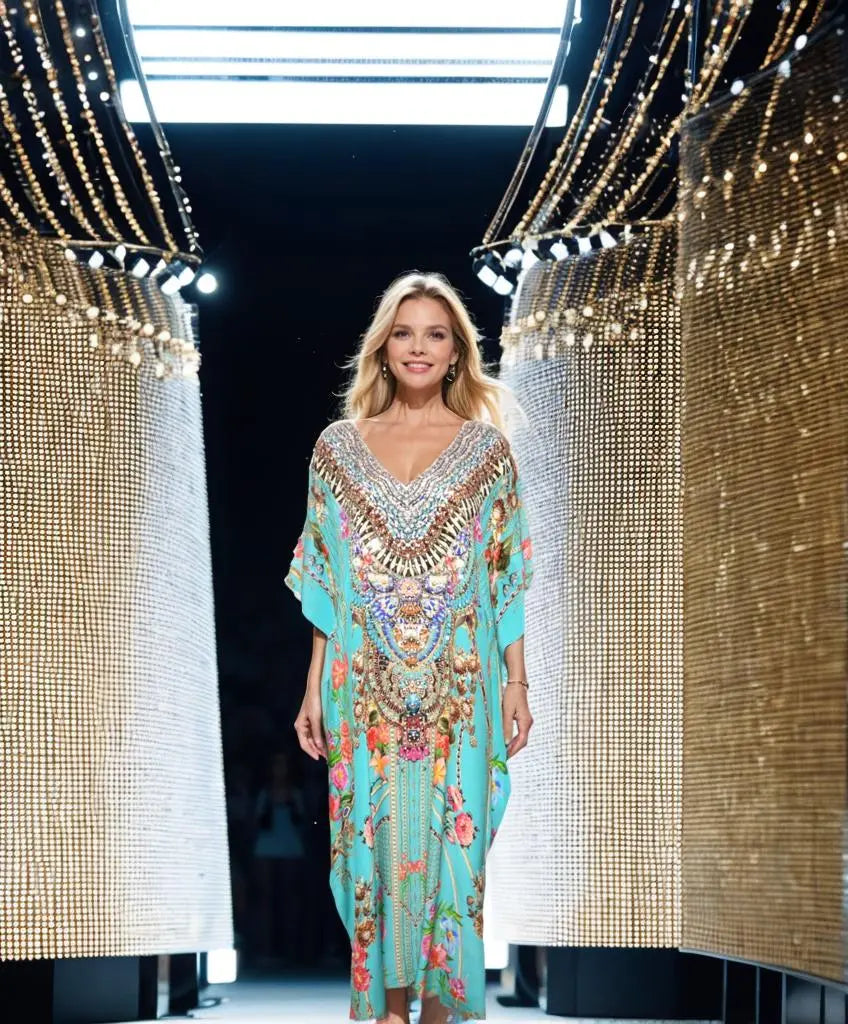 long silk kaftan capri Long Silk Embellished Kaftan- Capri Aqua fashion spectrum  Kaftans that Bling