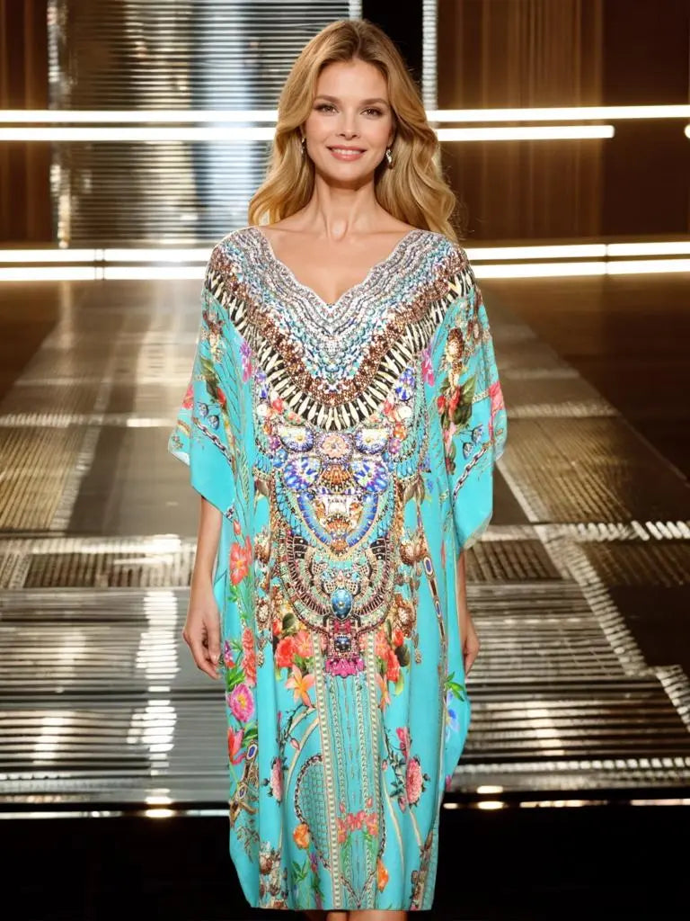 long silk kaftan capri Long Silk Embellished Kaftan- Capri Aqua fashion spectrum  Kaftans that Bling