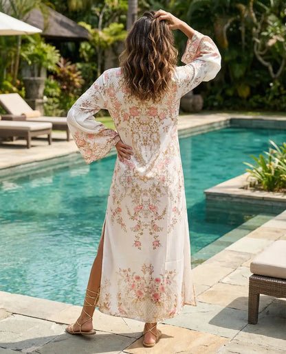 Maxi dress with flared sleeve Delicate florals white