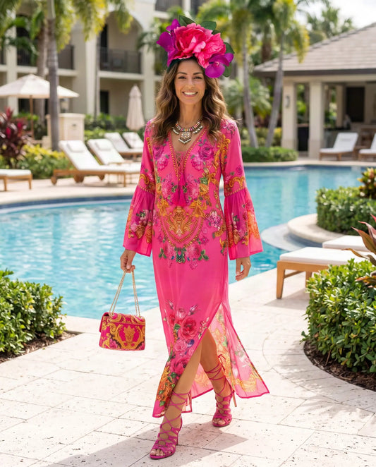 Vestido largo con manga acampanada leopardo rosa fantasía