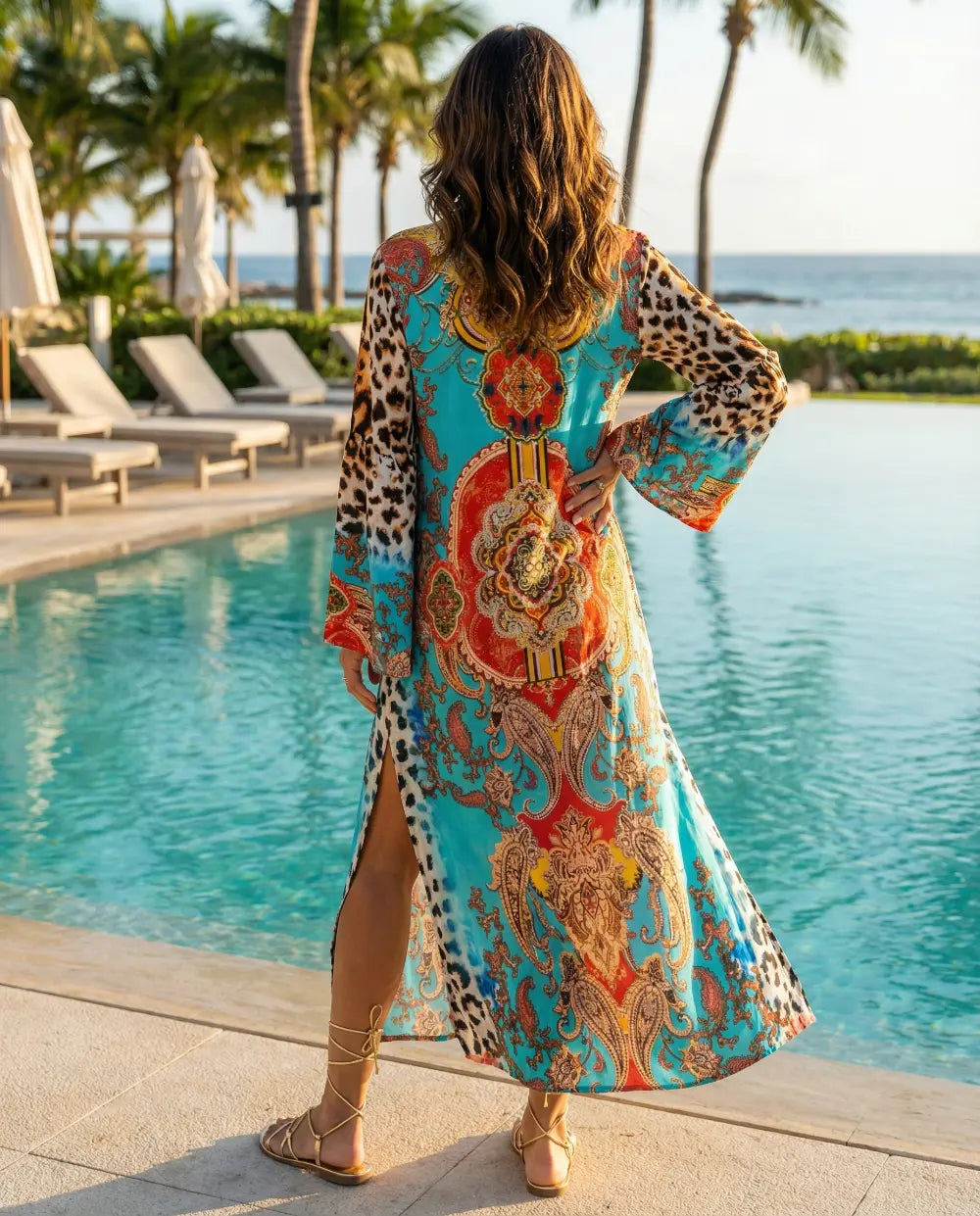 Maxi dress with flared sleeve Leopard Blue by KTB
