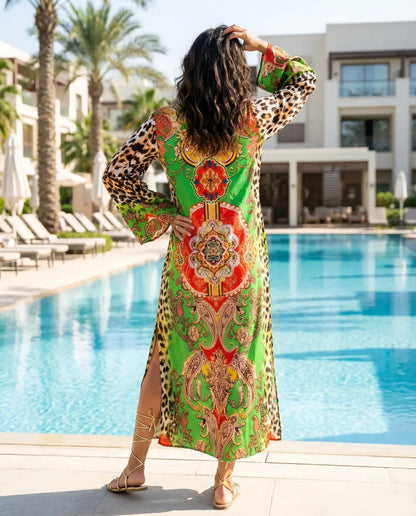 Maxi dress with flared sleeve Leopard Green by KTB