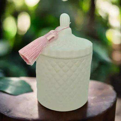Matte white geo candle 350ml deluxe soy candle with textured design and pink tassel on top