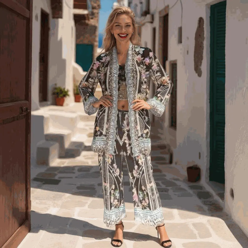 Long Silk Embellished Pants - Capri
