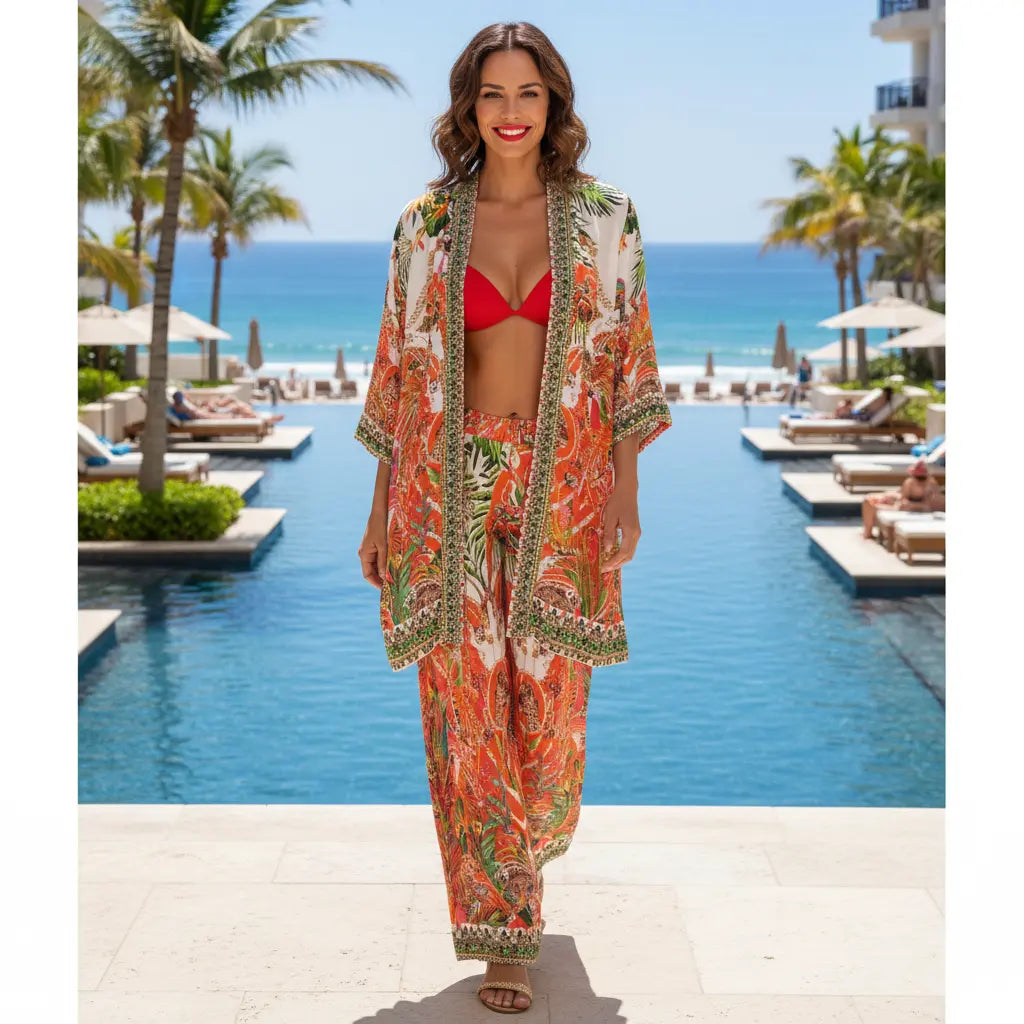 Long Silk Embellished Pants - Tropical