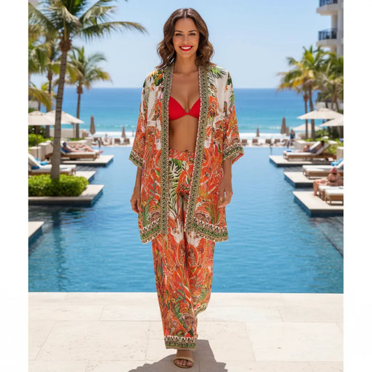 Long Silk Embellished Pants - Tropical