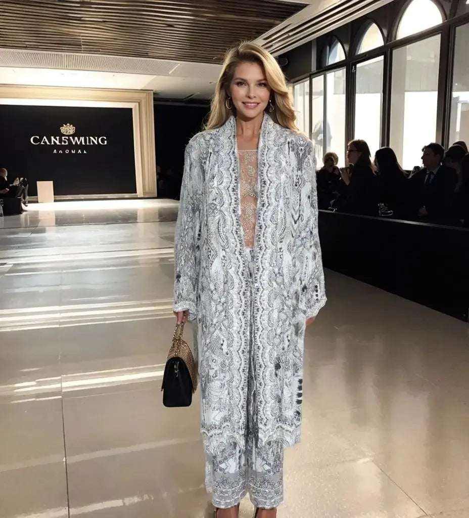 woman wearing silk embellished palazzo pants and matching kimono jacket walking at fashion show