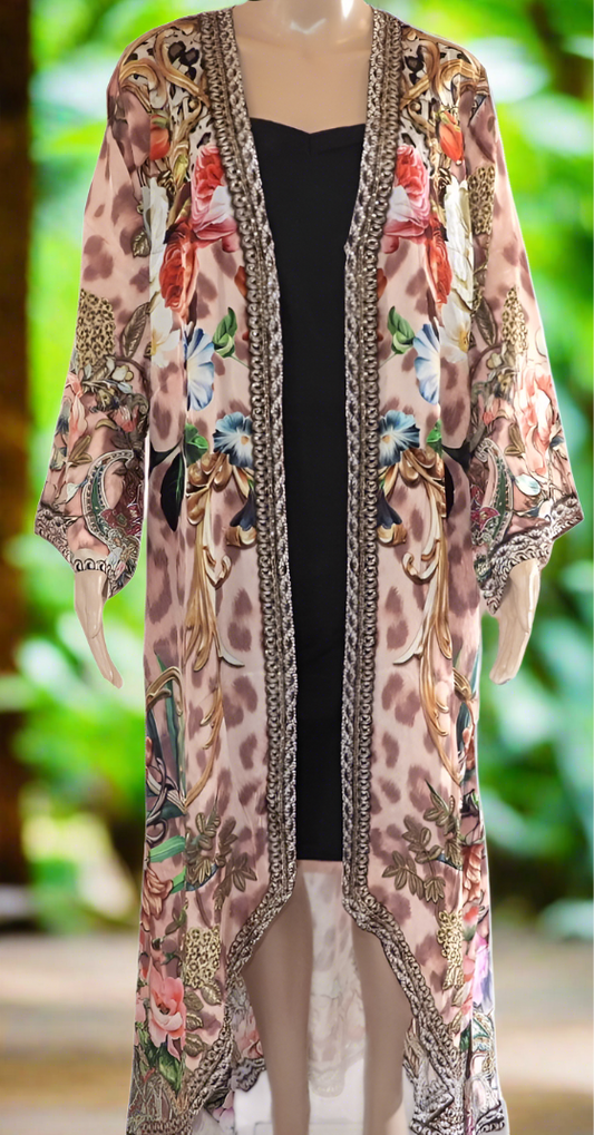 Floral Leopard Long curved Robe by Kaftans that Bling