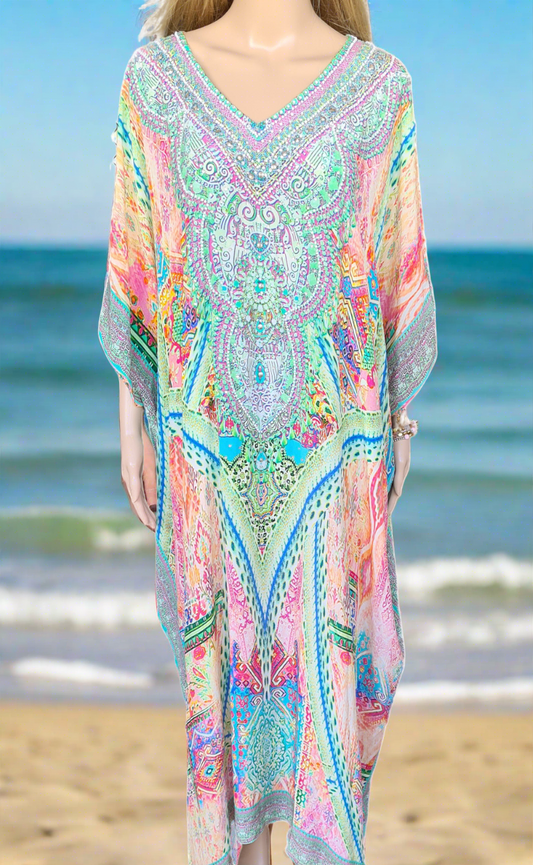 Monet Long Silk Embellished Box Kaftan-by Fashion Spectrum