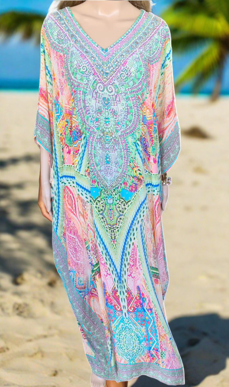 Monet Long Silk Embellished Box Kaftan with a cold shoulder-by Fashion Spectrum