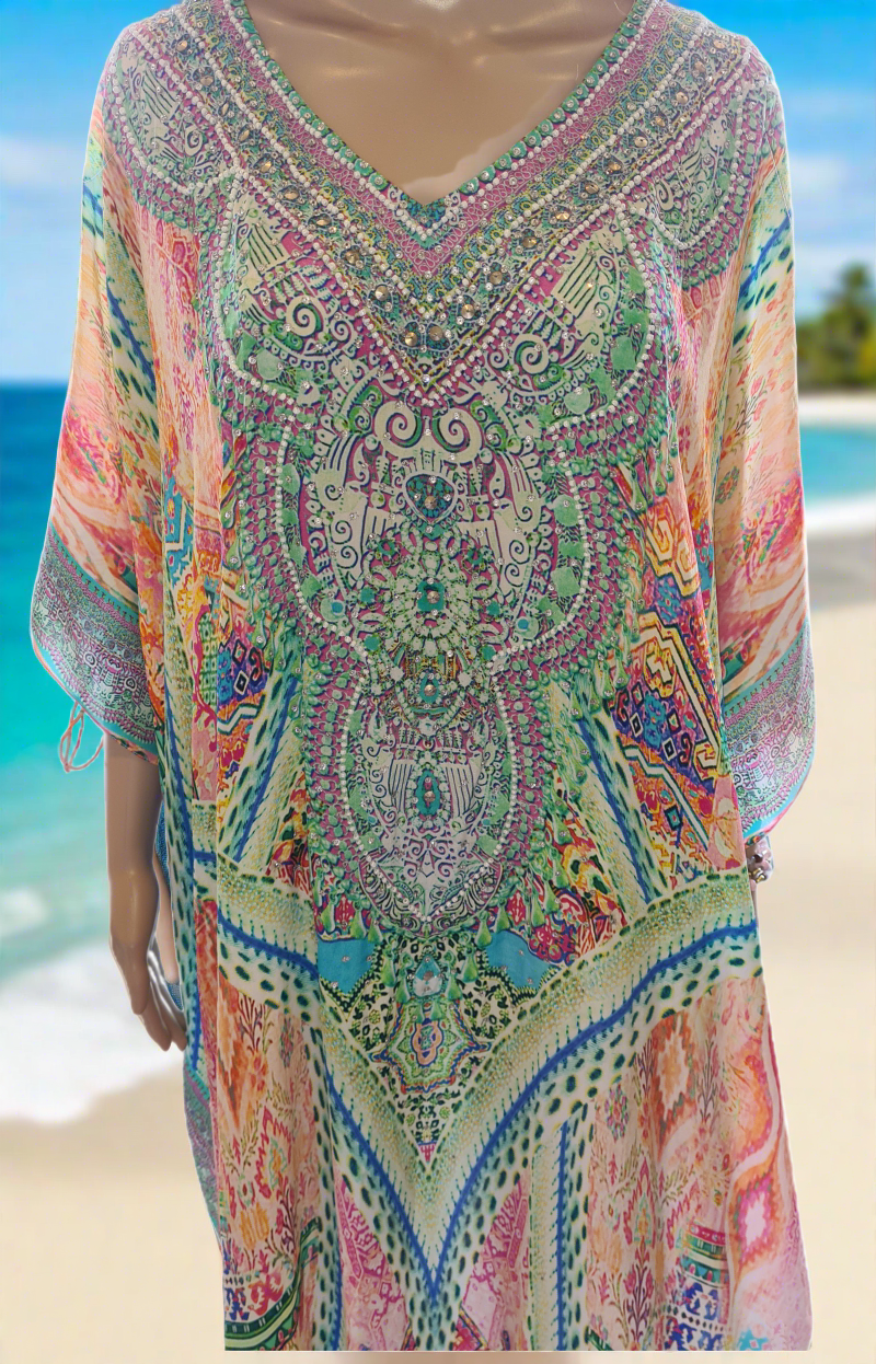 Monet Long Silk Embellished Box Kaftan with a cold shoulder-by Fashion Spectrum
