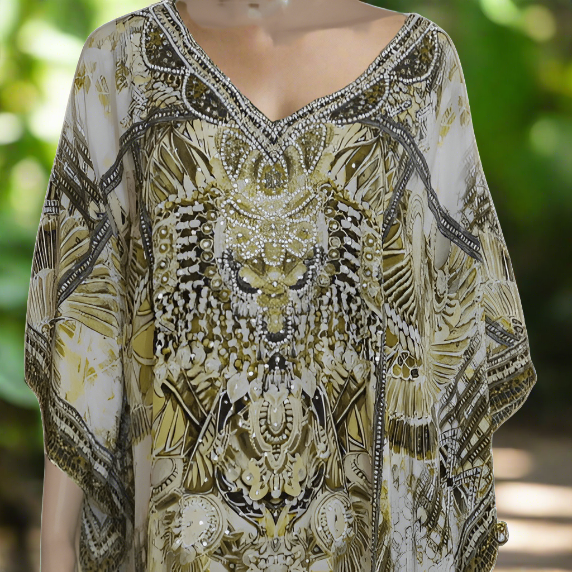Amara Khaki short silk embellished Kaftan - by Fashion Spectrum - Kaftans that Bling