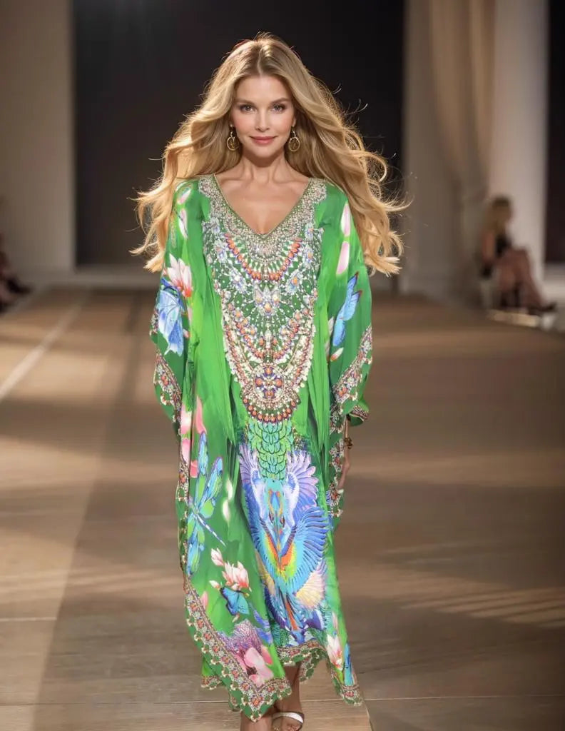 resort long silk kaftan Resort Garden Long Silk Embellished Kaftan fashion spectrum  Kaftans that Bling