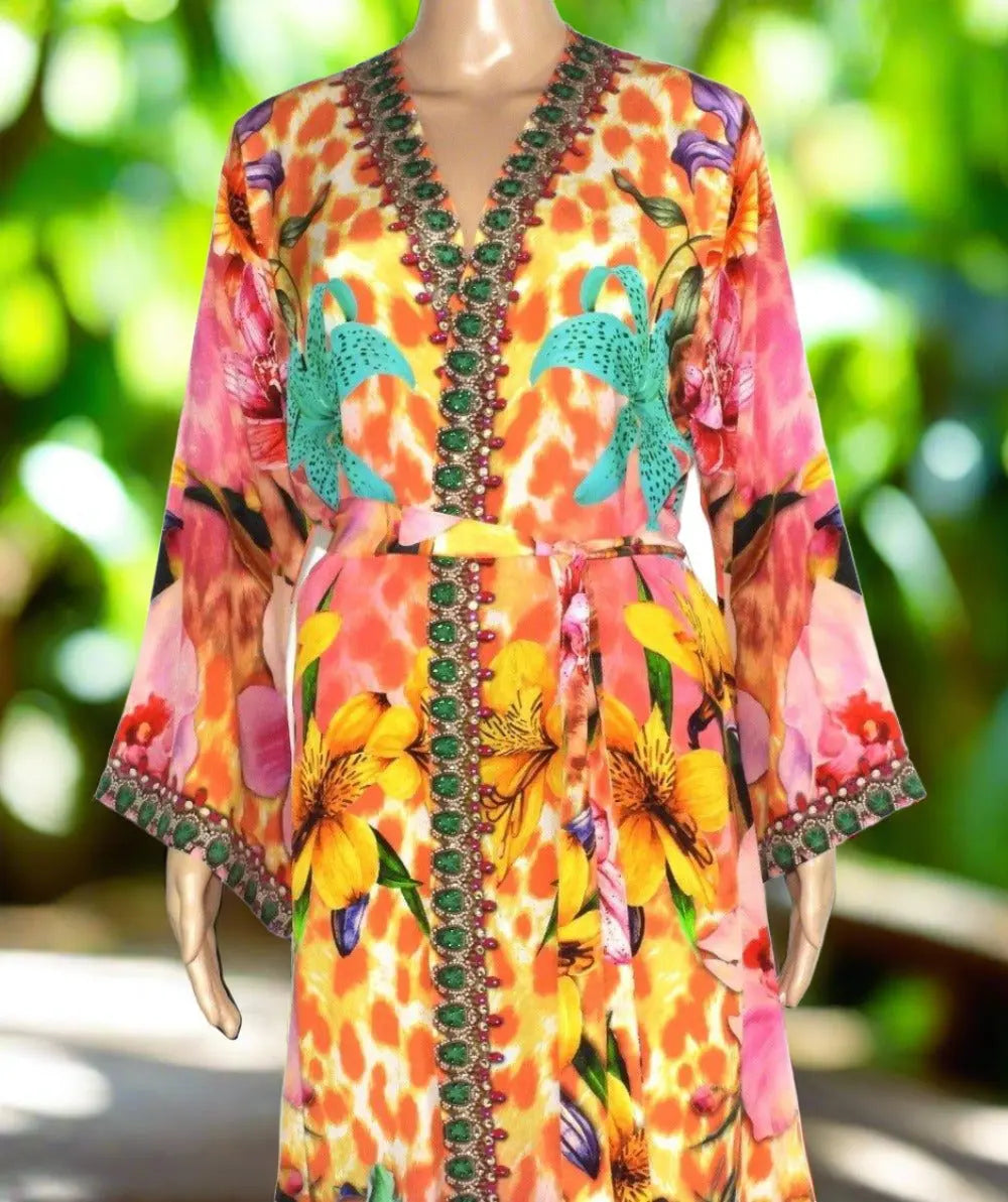 Hibiscus Short Silk Kimono by Kaftans that Bling - Kaftans that Bling