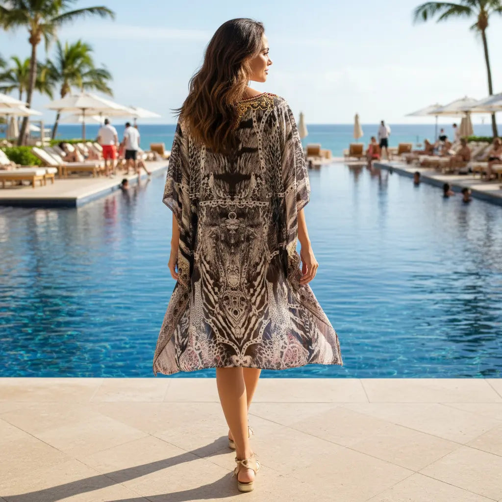 Short Silk Embellished Kaftan - Cheetah at Kaftans that Bling 