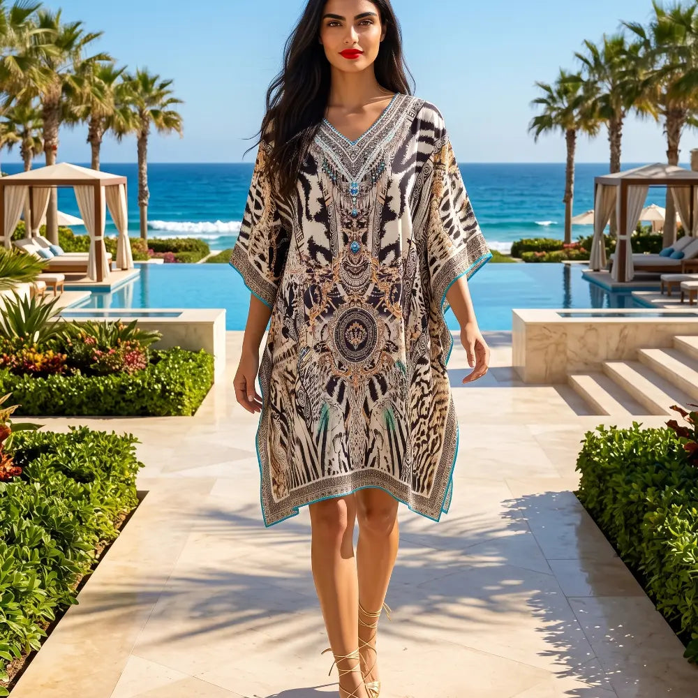 Short Silk Embellished Kaftan - Cobra