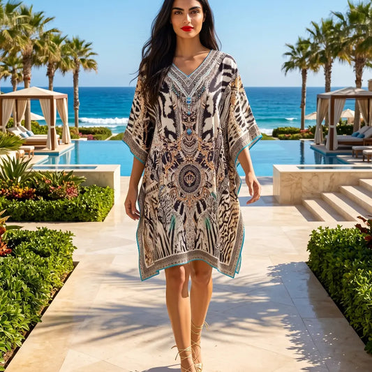 Short Silk Embellished Kaftan - Cobra