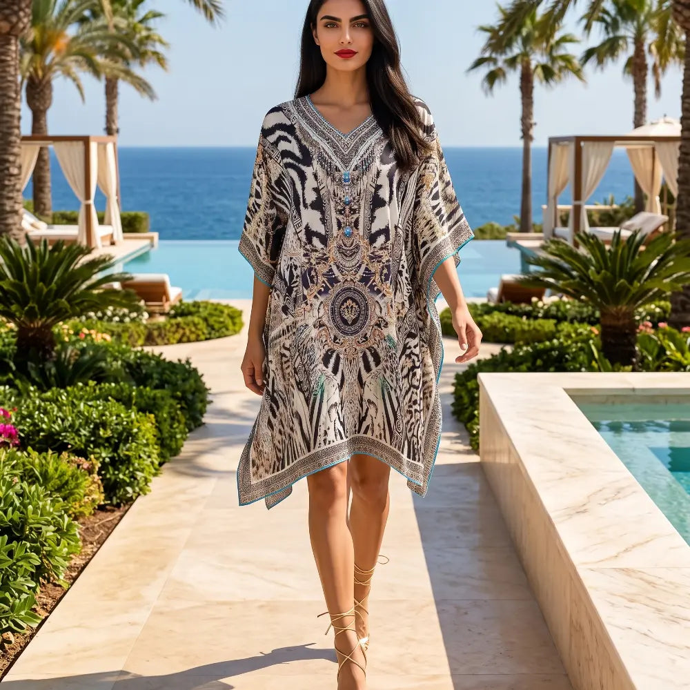 Short Silk Embellished Kaftan - Cobra