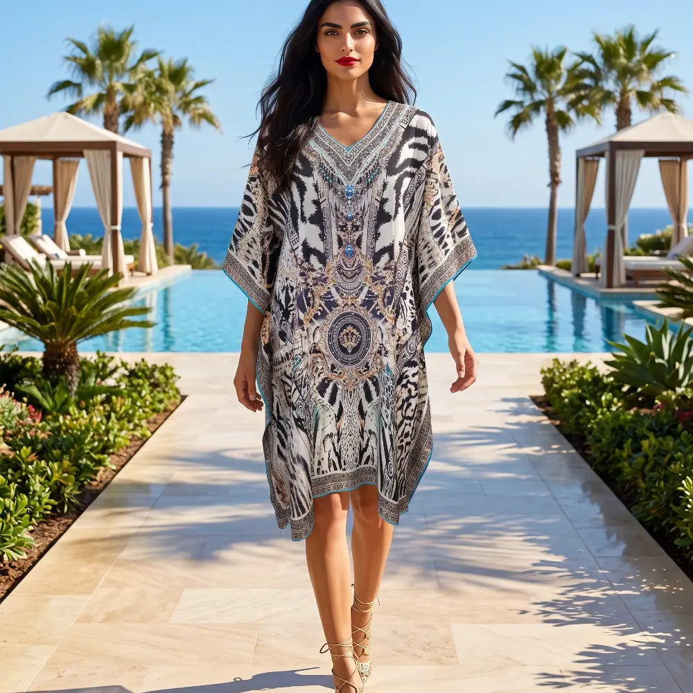Short Silk Embellished Kaftan - Cobra