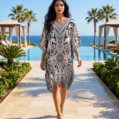 Short Silk Embellished Kaftan - Cobra