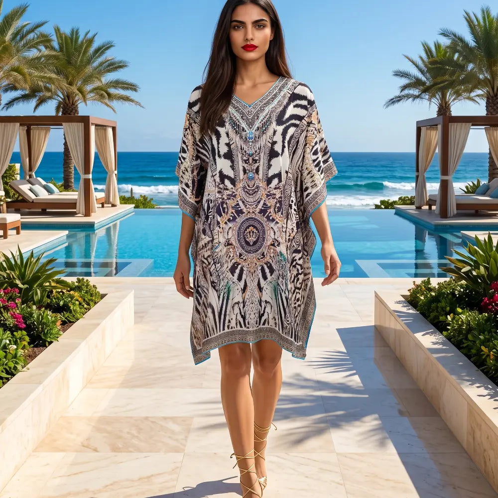 Short Silk Embellished Kaftan - Cobra