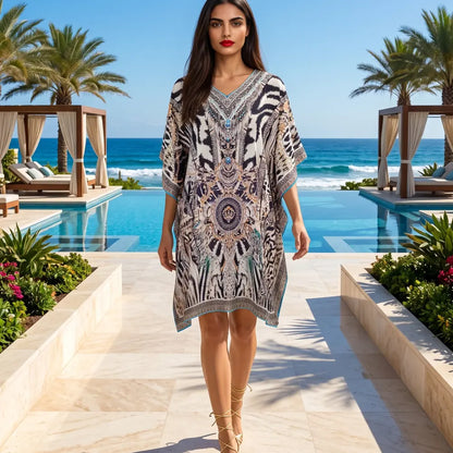 Short Silk Embellished Kaftan - Cobra