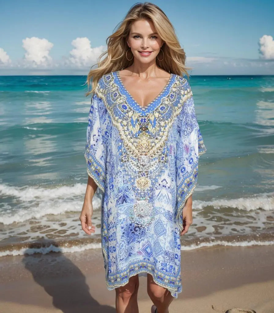 Short Silk Embellished Kaftan- Femme Fatal - Kaftans that Bling