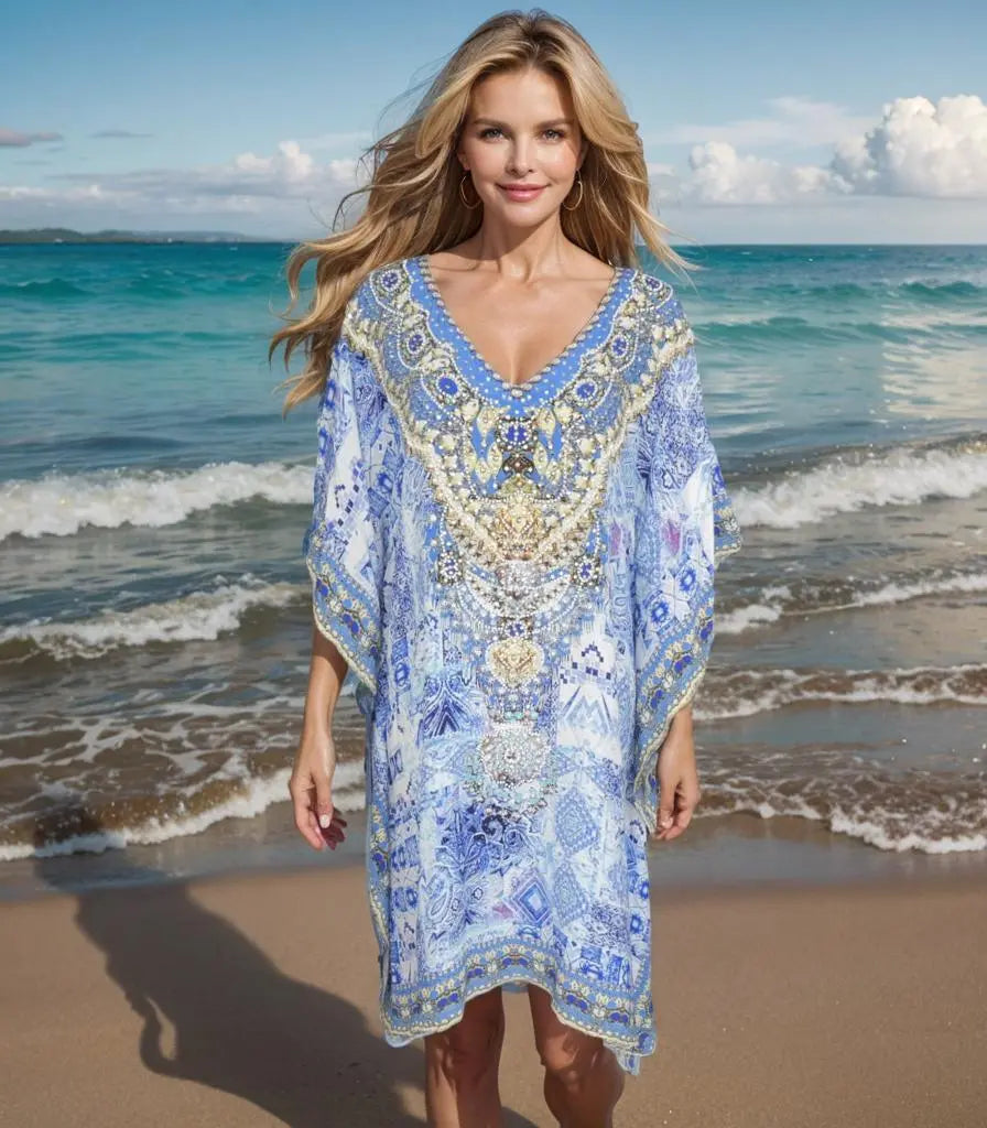 Short Silk Embellished Kaftan- Femme Fatal - Kaftans that Bling