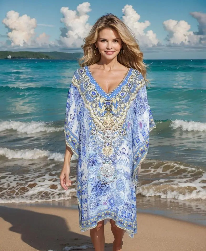 Short Silk Embellished Kaftan- Femme Fatal - Kaftans that Bling