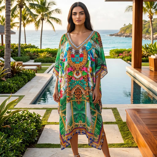 Short Silk Embellished Kaftan Tropical by Kaftans that Bling 
