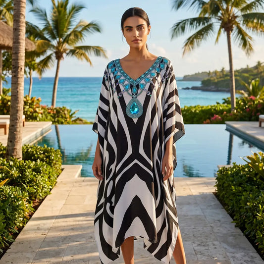 Short Silk Embellished Kaftan Zebra by Kaftans that Bling