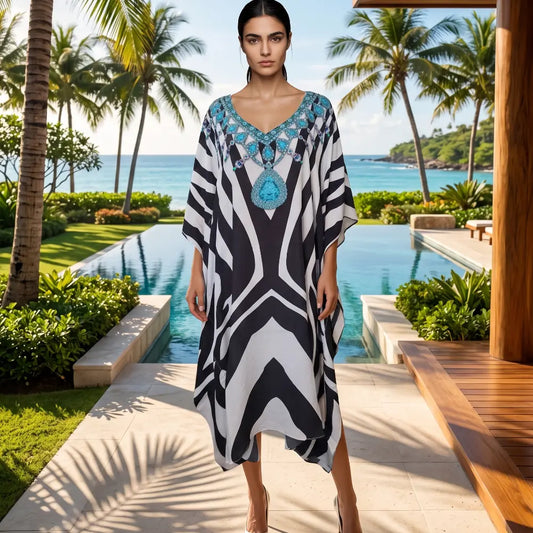 Short Silk Embellished Kaftan Zebra by Kaftans that Bling