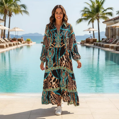Leopard Luxe Silk Frill Maxi Dress - Unleash Your Inner Glamour