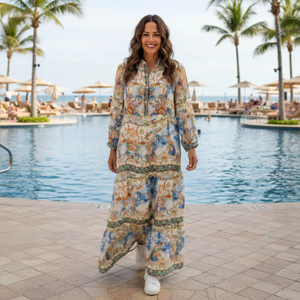 Sorrento Silk Shirt Maxi Dress - Hand-Embellished Luxury Kaftan