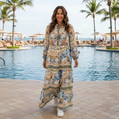 Sorrento Silk Shirt Maxi Dress - Hand-Embellished Luxury Kaftan