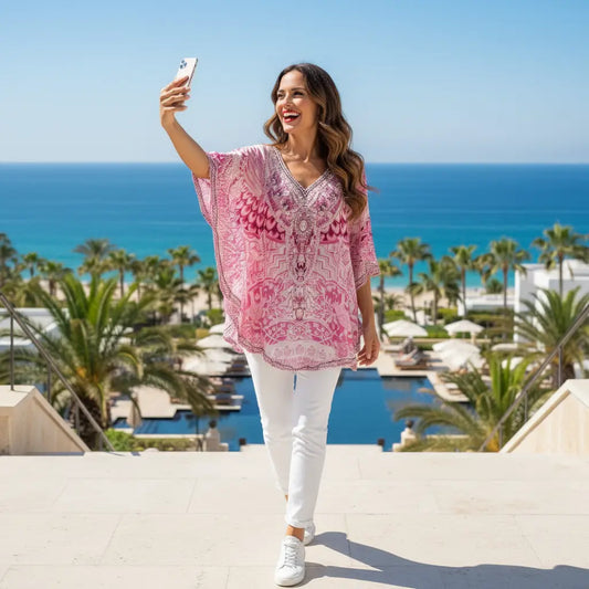 Silk Embellished Butterfly Top Flamingo