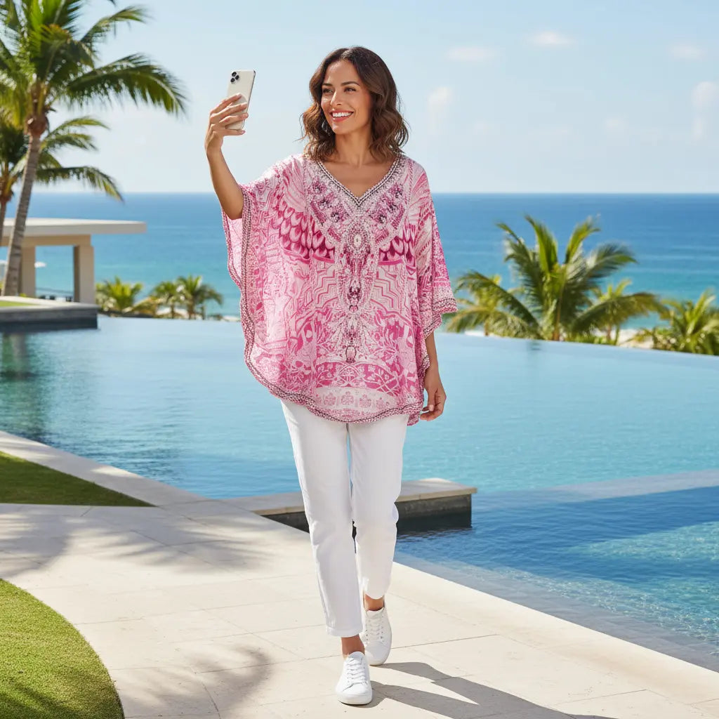 Silk Embellished Butterfly Top Flamingo