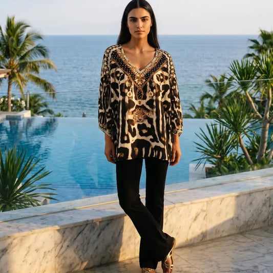 Silk Embellished Gypsy Top Jaguar - Kaftans that Bling