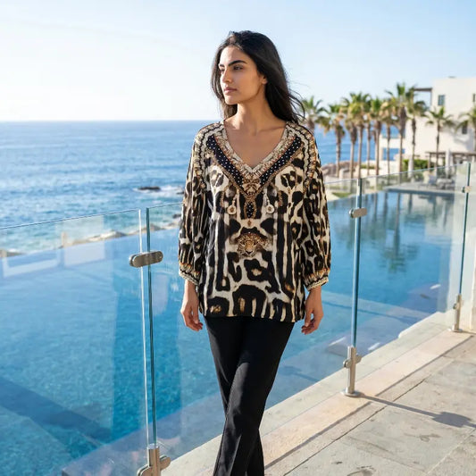 Silk Embellished Gypsy Top Jaguar - Kaftans that Bling