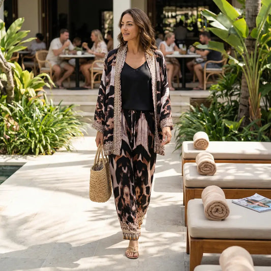 Silk Embellished Palazzo Pants - Snow Leopard