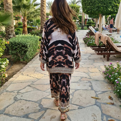 Silk Embellished Palazzo Pants - Snow Leopard