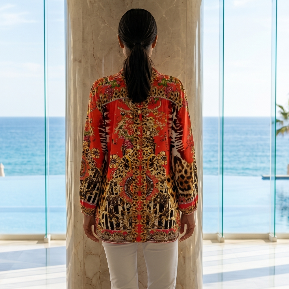 Garden Delight red Silk Embellished Shirt at kaftans that bling 