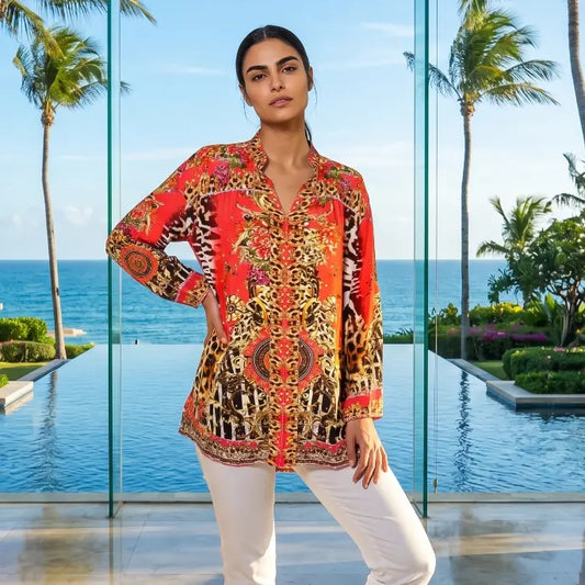 Garden Delight red Silk Embellished Shirt at kaftans that bling 