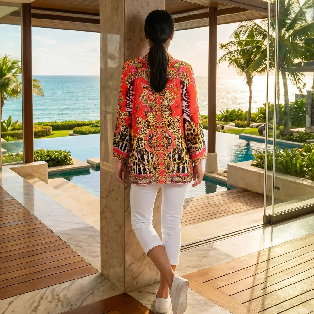 Garden Delight red Silk Embellished Shirt at kaftans that bling 