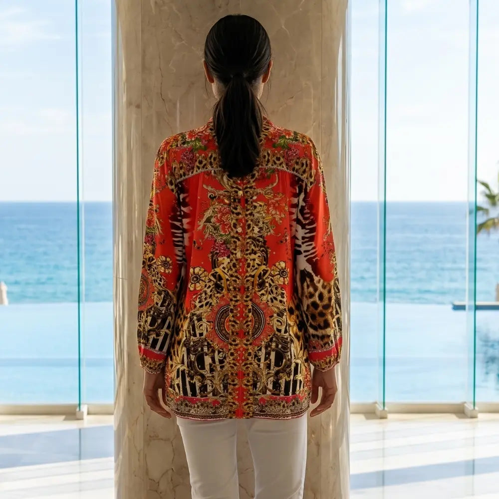 Garden Delight red Silk Embellished Shirt at kaftans that bling 