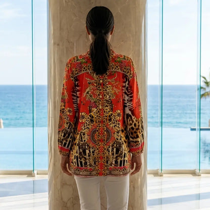Garden Delight red Silk Embellished Shirt at kaftans that bling 