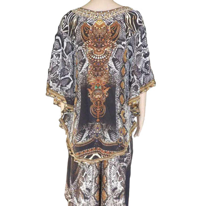 Silk Embellished Butterfly Top with snake print and detailed beadwork embellishments in gold and silver, featuring a V-neck and round hemline.