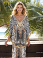 Silk Embellished Butterfly Top with snake print and handsewn beadwork in V-neck design