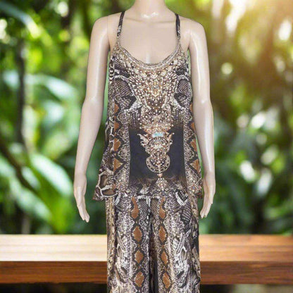 Silk T Back Embellished Camisole with snake print and handsewn beadwork on mannequin