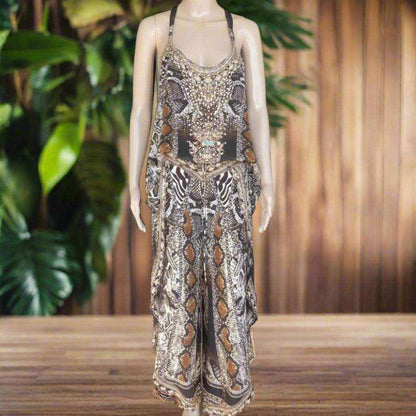 Silk T Back Embellished Camisole with intricate beadwork and snake print design